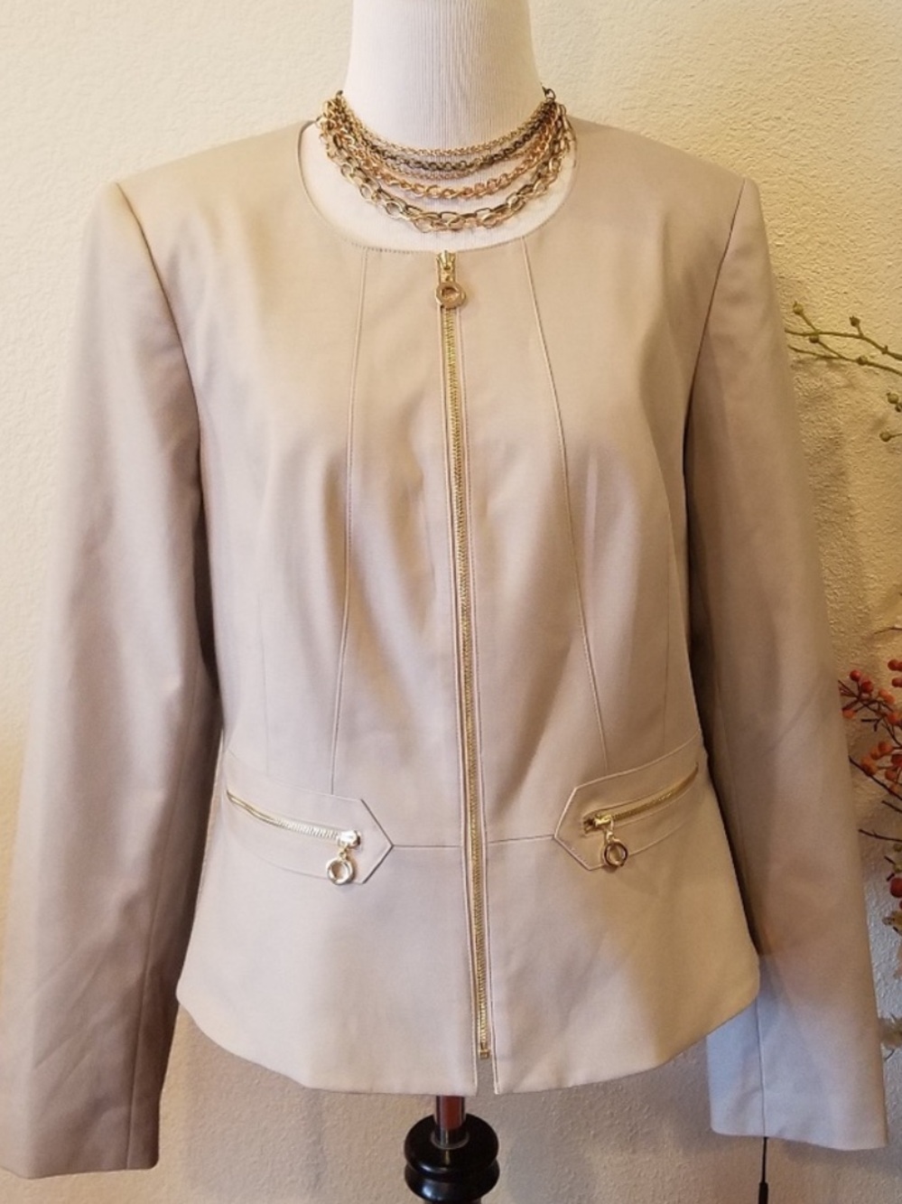 Calvin Klein Taupe Zip-Front Peplum Blazer with Gold Hardware